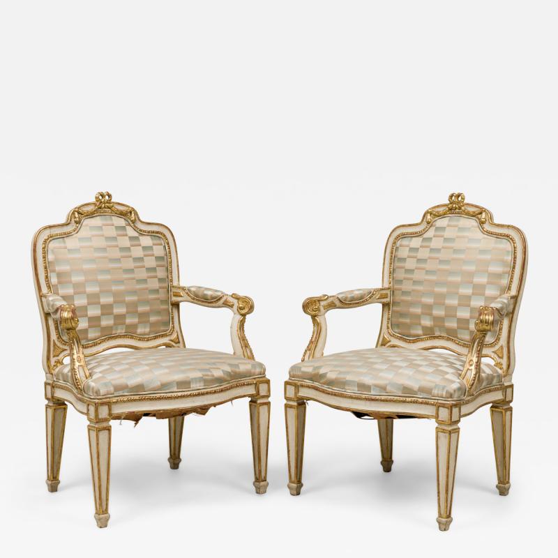 Pair of Swedish Neo Classic Cream Painted Parcel Gilt Armchairs
