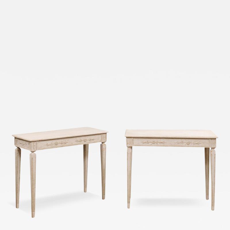 Pair of Swedish Neoclassical Style Painted Console Tables with Carved Aprons