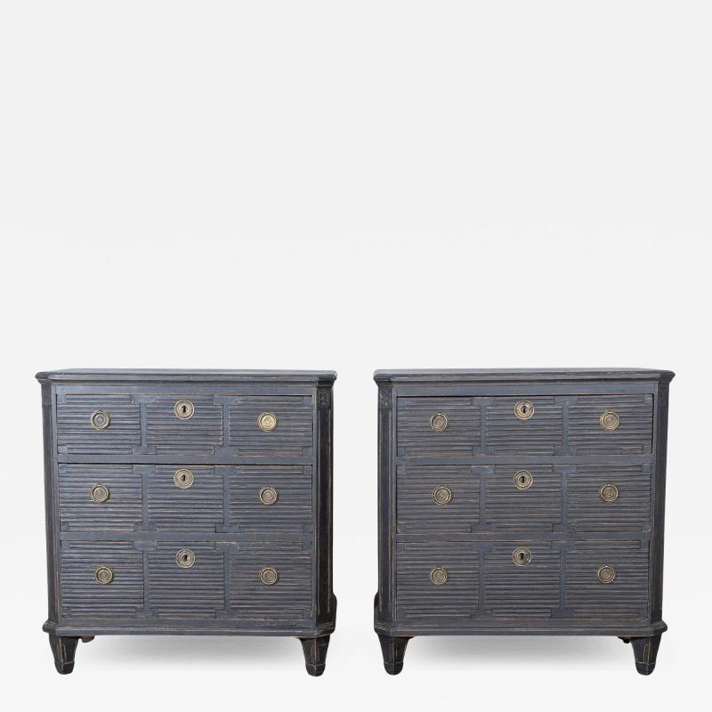 Pair of Swedish Painted Chests with Fluted Drawers and Brass Hardware