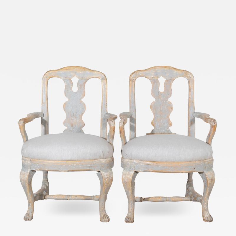 Pair of Swedish Rococo Carved Armchairs with Original Patina