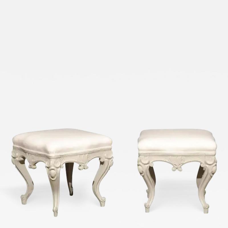 Pair of Swedish Rococo Style Carved Painted Upholstered Stools circa 1890