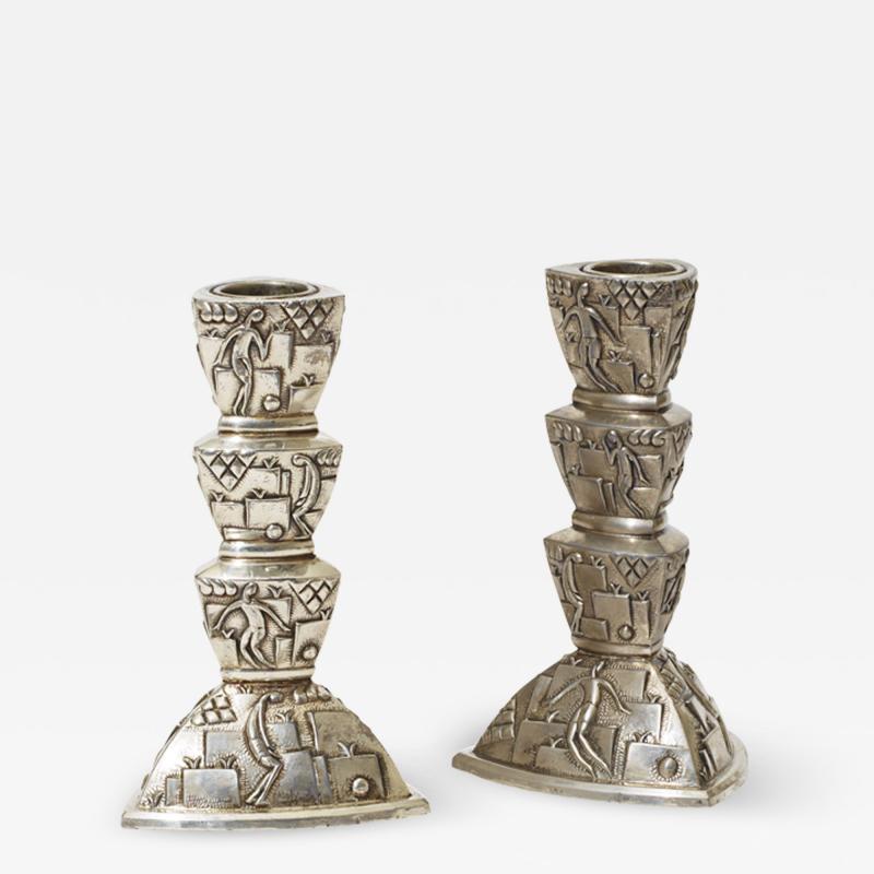 Pair of Swedish Silvered Art Deco Candlesticks