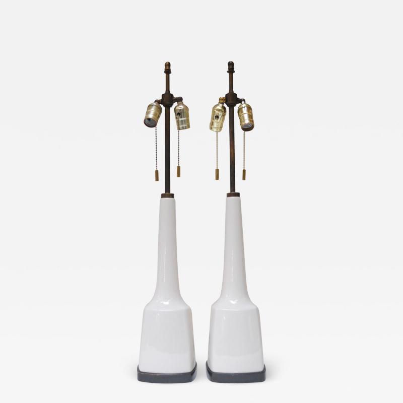 Pair of Tall American Modernist White Porcelain and Brass Tables Lamps