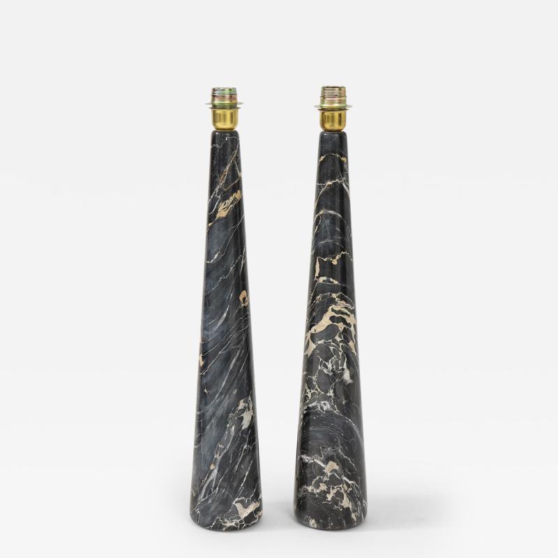 Pair of Tall Black and Light Gold Portoro Marble Conical Lamps Italy 1970