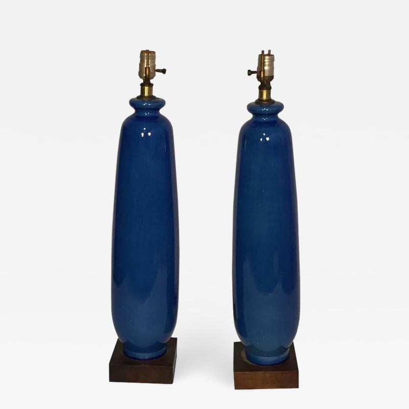 Pair of Tall Blue Vase Form Table Lamps