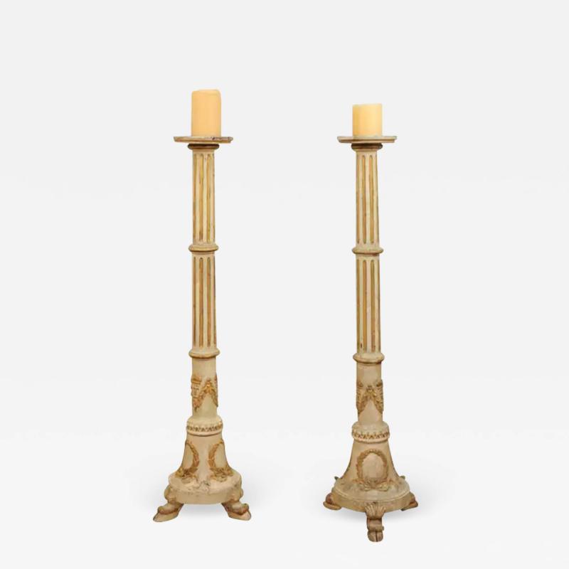 Pair of Tall French Napol on III 1860s Candlesticks with Carved Gilt Motifs