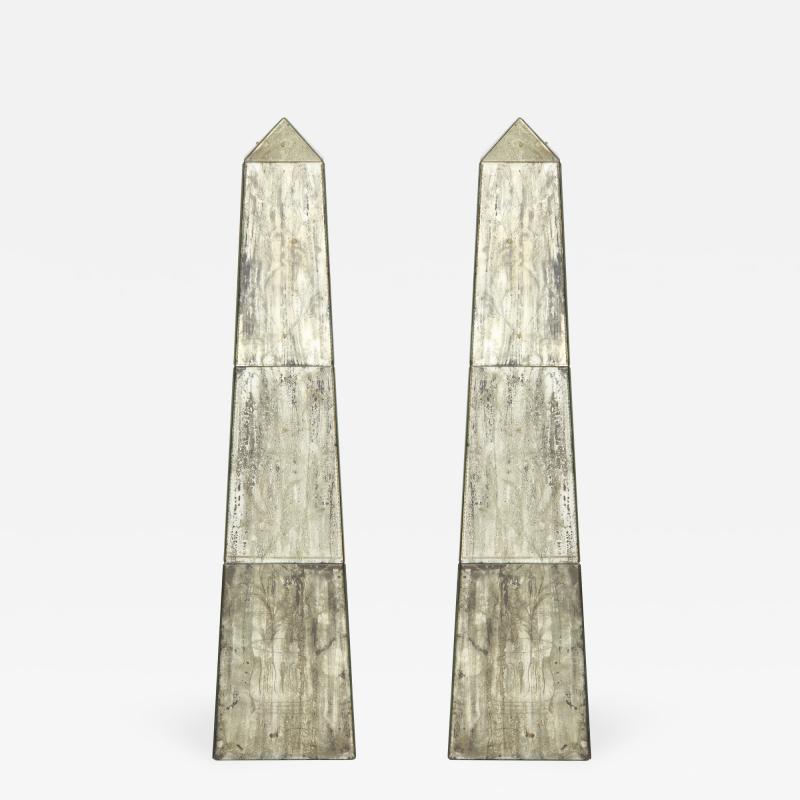 Pair of Tall Mirrored Obelisks with Etched Floral Design