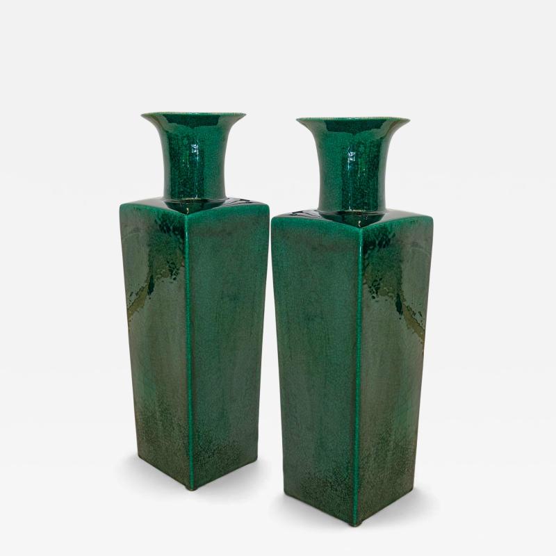 Pair of Tall Square Emerald Green Vases