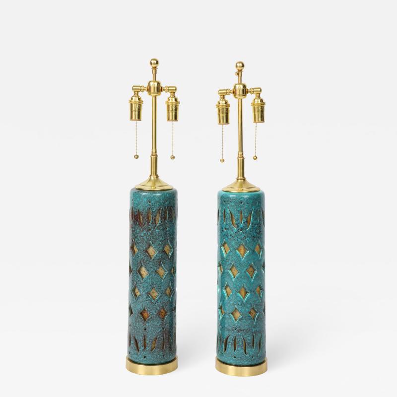 Pair of Teal Glazed Italian Ceramic Lamps 