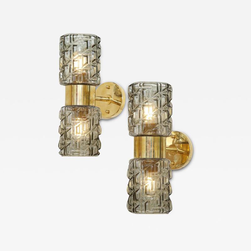 Pair of Textured Smoked Grey Taupe Murano Glass and Brass Sconces Italy 2022