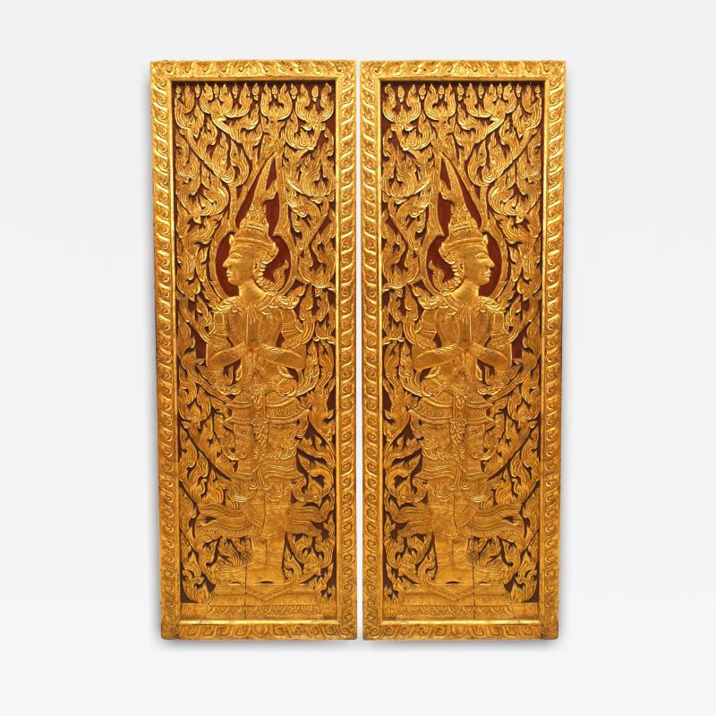 Pair of Thai Painted and Carved Door Panels