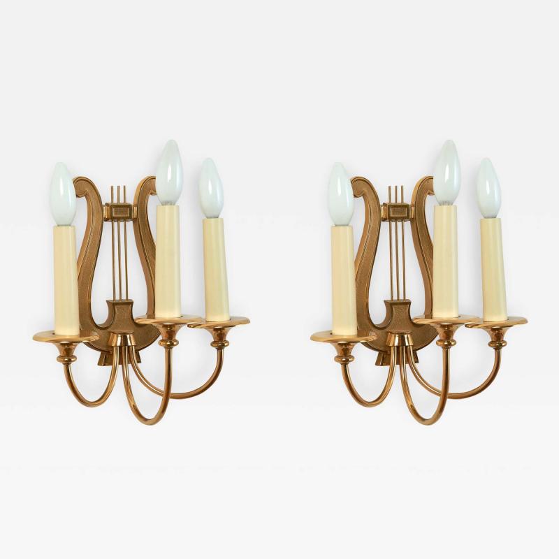 Pair of Three Branch Lyre Sconces France 1950s