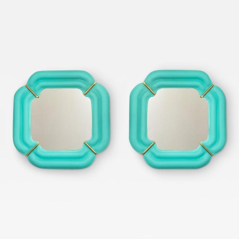 Pair of Tiffany Blue Murano Glass And Brass Square Scalloped Mirrors Italy