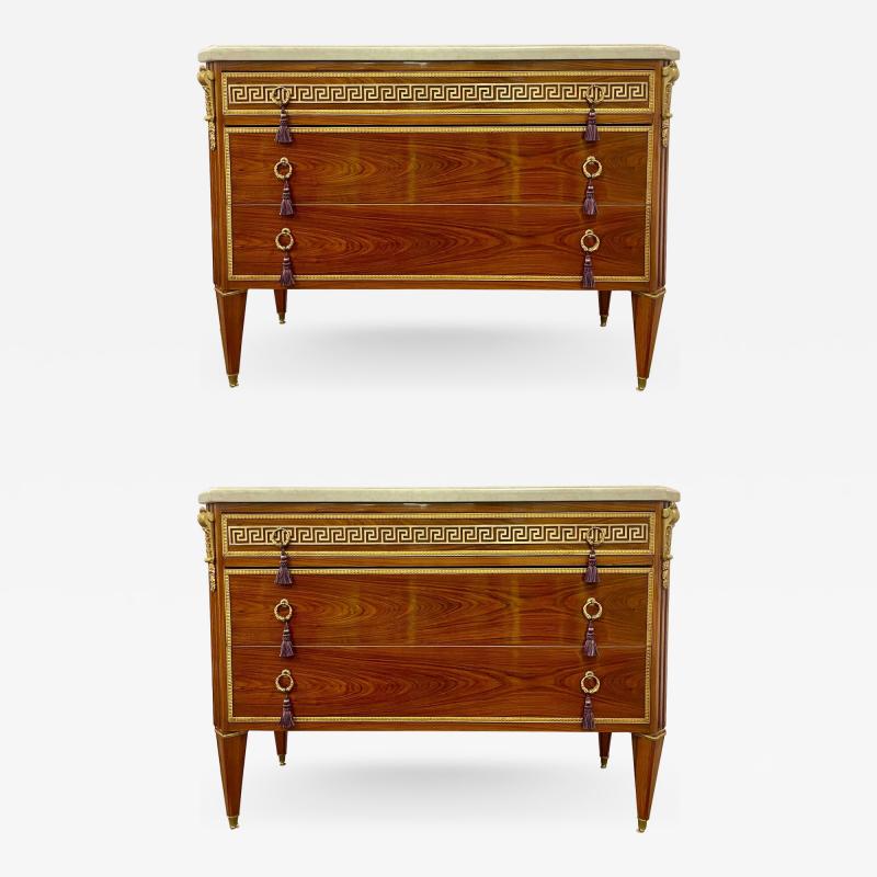 Pair of Tortoise Louis XVI Style Commodes Chests or Nightstands Greek Key