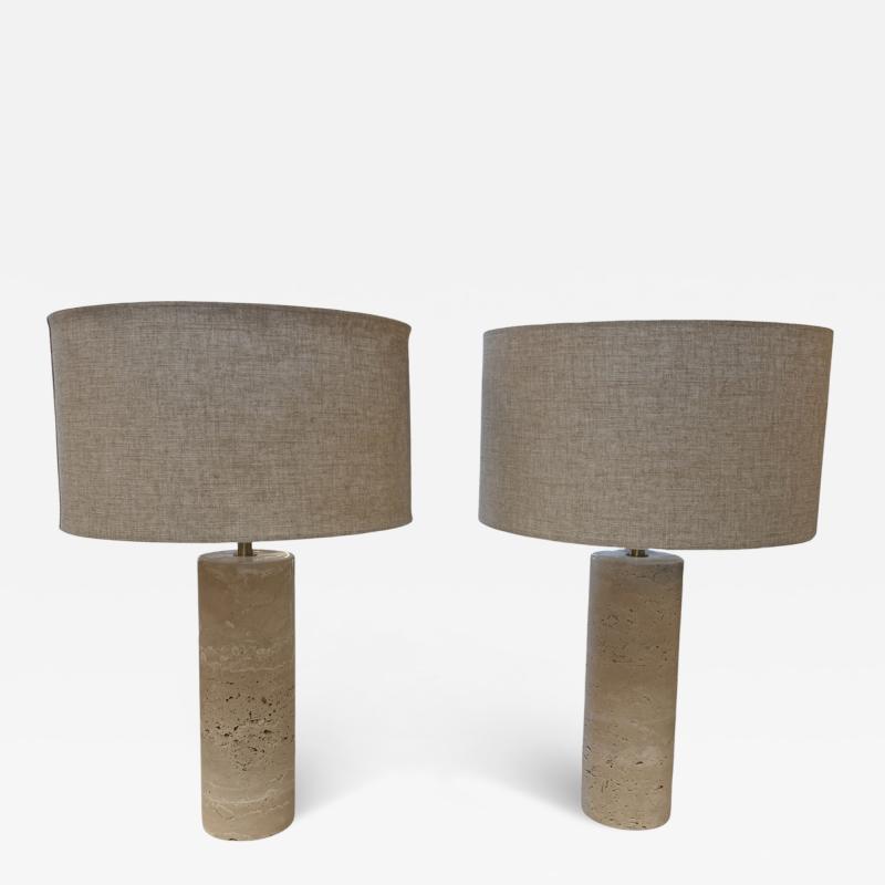 Pair of Travertine Cylinder Table Lamps with Linen Drum Shades