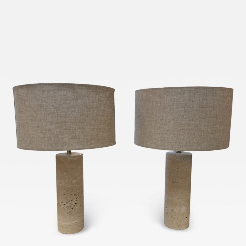 Pair of Travertine Cylinder Table Lamps with Linen Drum Shades