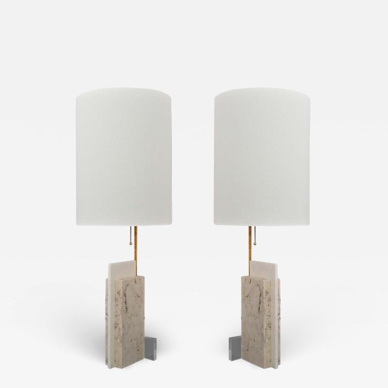 Pair of Travertine and Acrylic Modern Craftsman Style Table Lamps