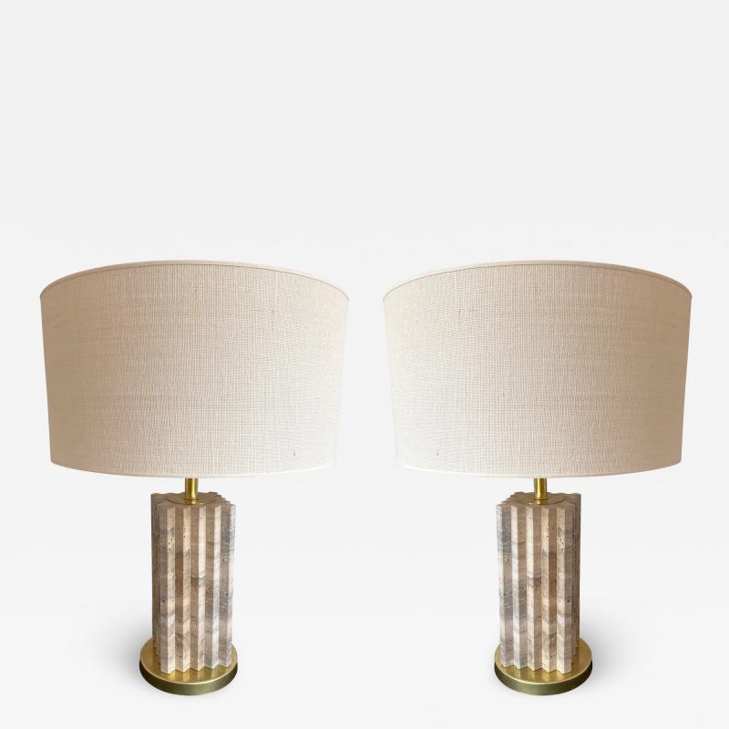 Pair of Travertine and Brass Lamps