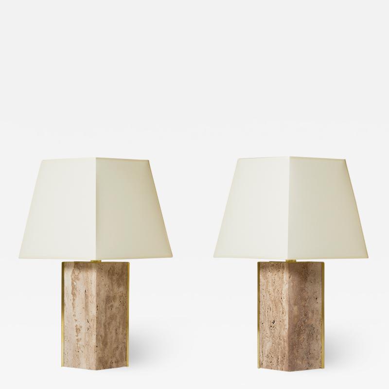 Pair of Travertine and Brass Marine Table Lamps by Dorian Caffot de Fawes
