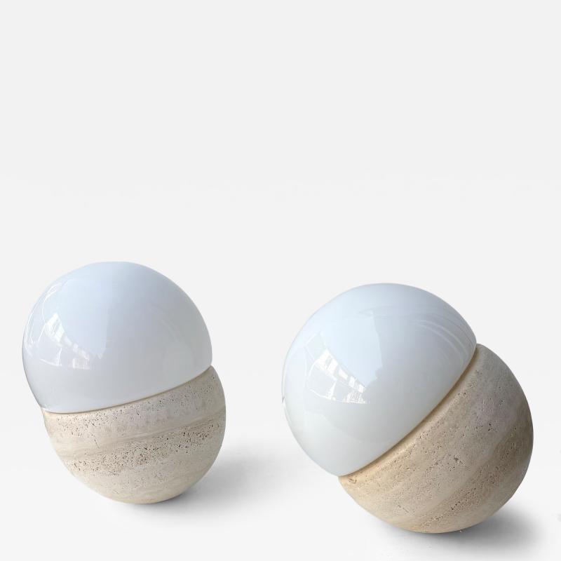 Pair of Travertine and Opaline Glass Culbuto Lamps Italy 1980s