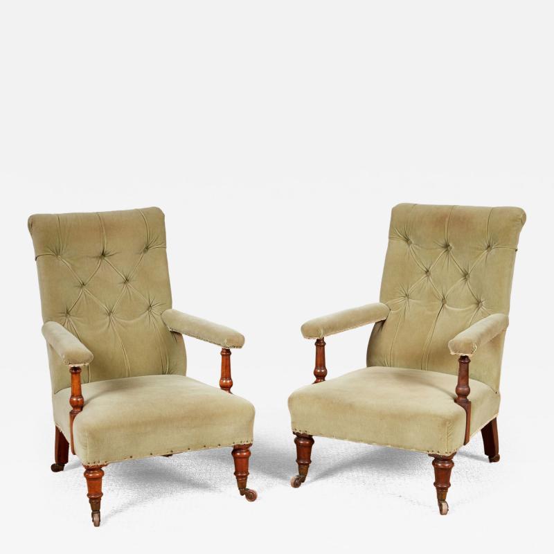 Pair of Tufted High Back Open Armchairs