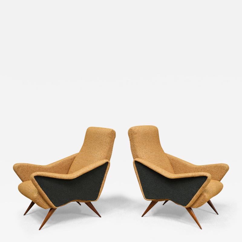 Pair of Turin School Armchairs in Walnut and Ochre Navy Boucl Italy 1950s