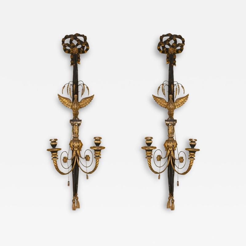 Pair of Two Light Louis XVI Style Eagle Carved Gilt Wall Sconces