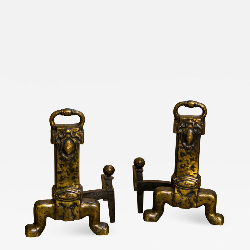 Pair of Unusual Arts Crafts Style Bronze Andirons from Belgium circa 1930