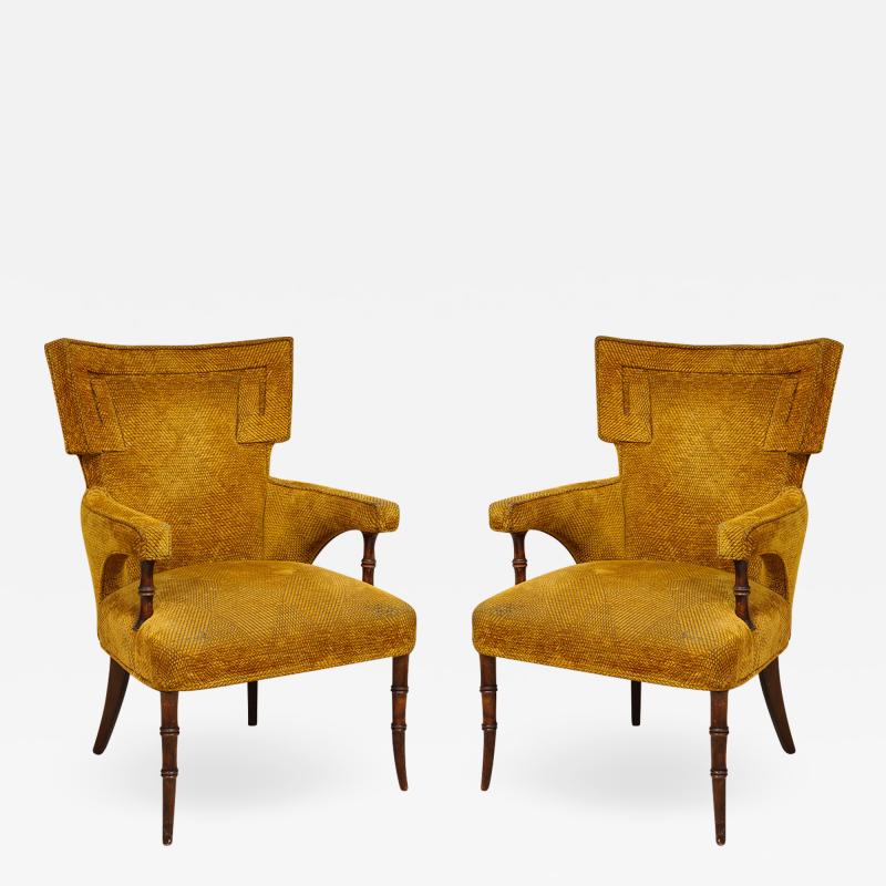 Pair of Upholstered Faux Bamboo Fireside Armchairs