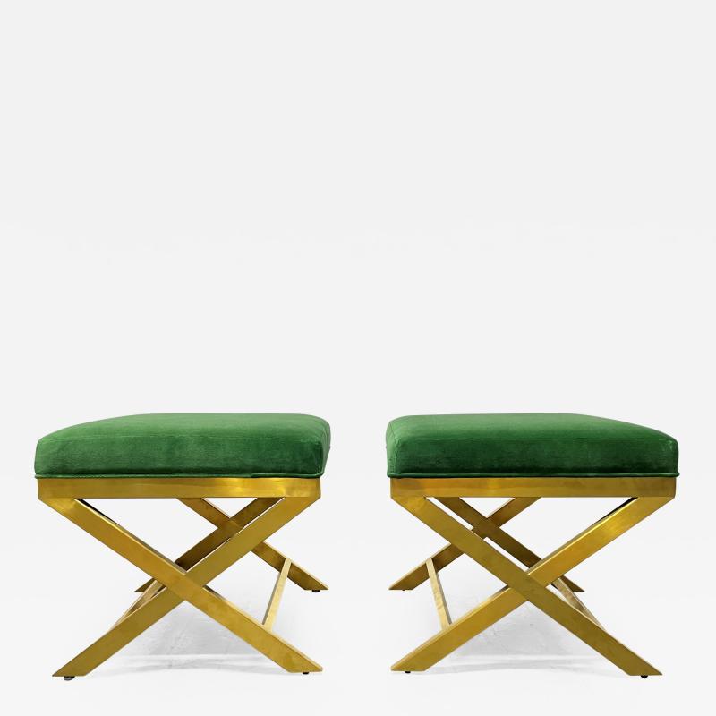 Pair of Upholstered Velvet and Brass X Benches