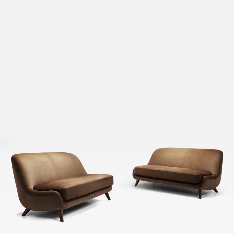 Pair of Velour Two Seater Sofa with Solid Wood Legs Europe ca 1950s