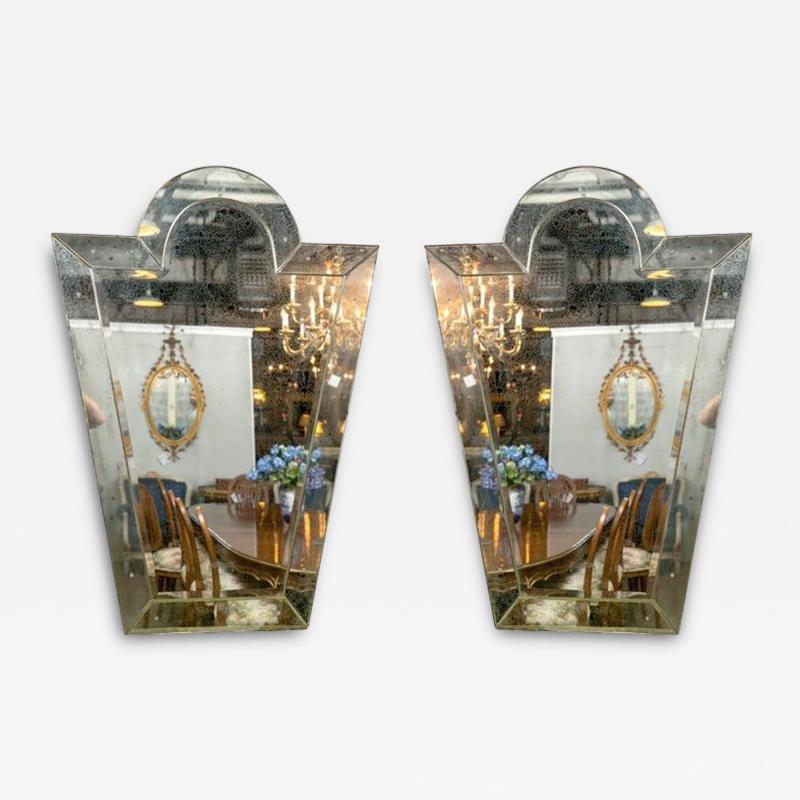 Pair of Venetian Key Hole Shaped Beveled Glass Mirrors Hollywood Regency Style