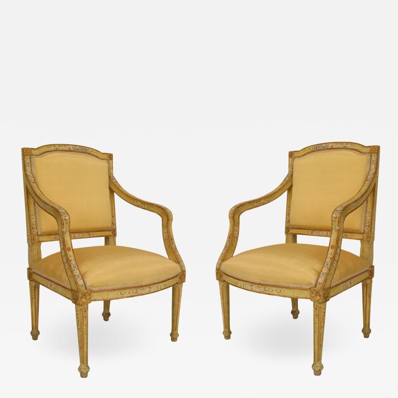 Pair of Venetian Yellow Painted Floral Arm Chairs