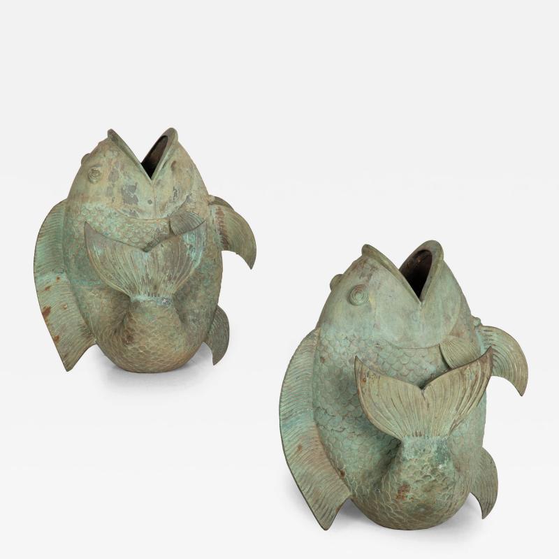 Pair of Verdigris Bronze Koi Fish Vases Circa 1950s