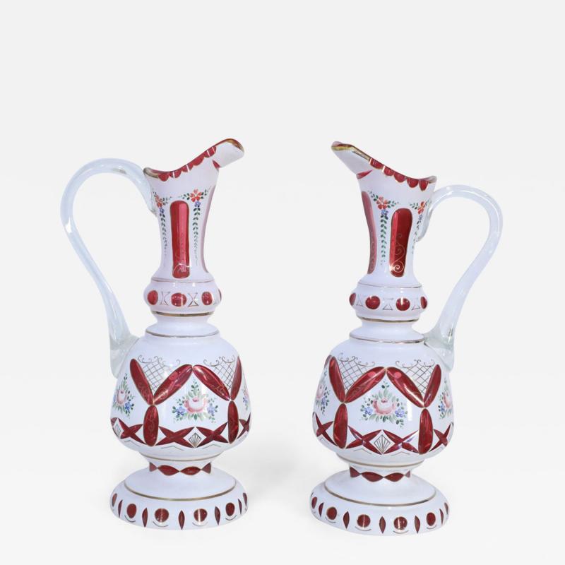 Pair of Victorian White and Ruby Opaline Glass Ewers