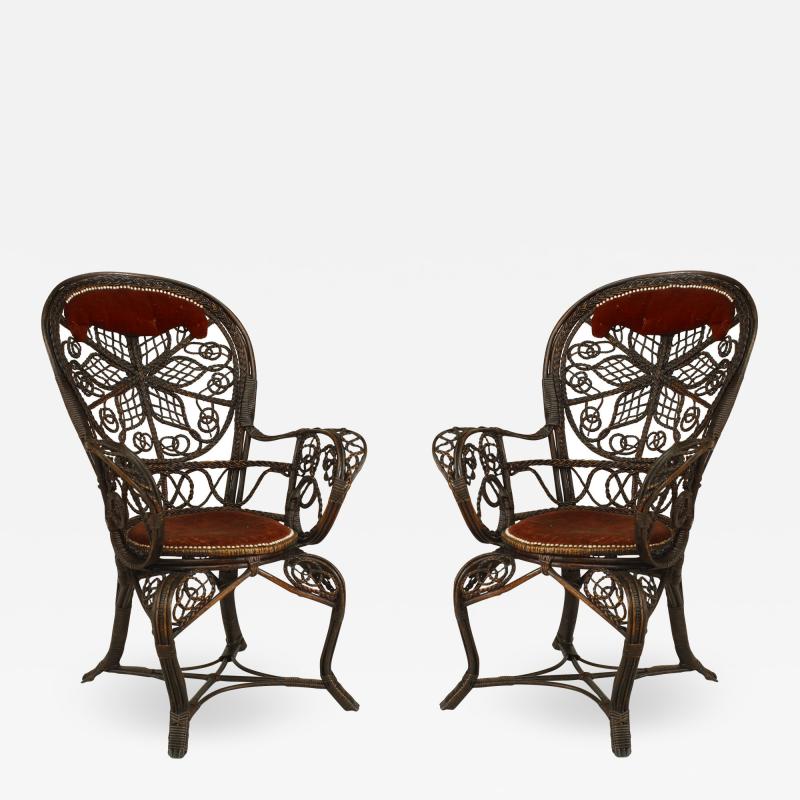Pair of Victorian Wicker Velvet Arm Chairs