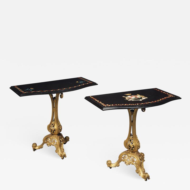 Pair of Victorian gilt cast iron console tables with marble tops