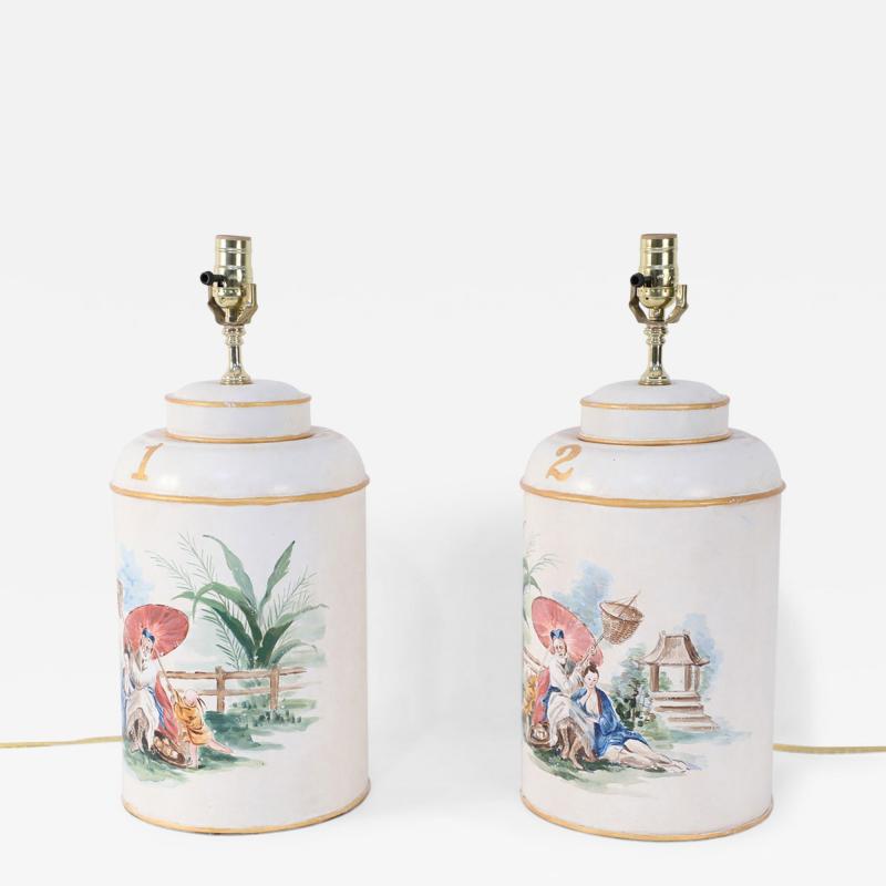 Pair of Vintage Chinese Hand Painted Tole Genre Scene Table Lamps