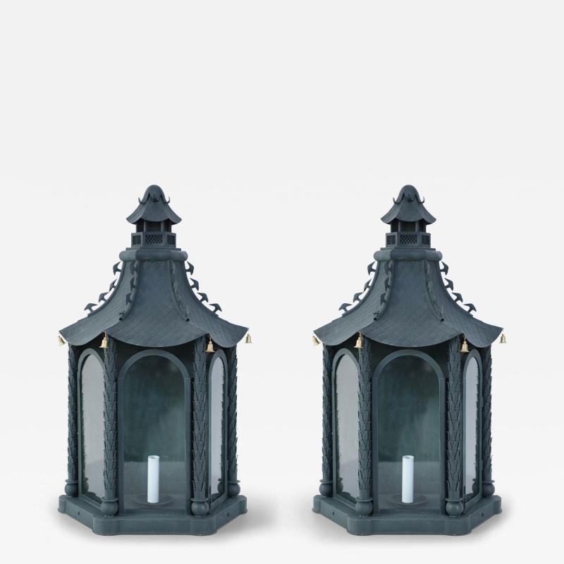 Pair of Vintage Chinese Metal and Glass Bell Adorned Pagoda Shaped Wall Sconces
