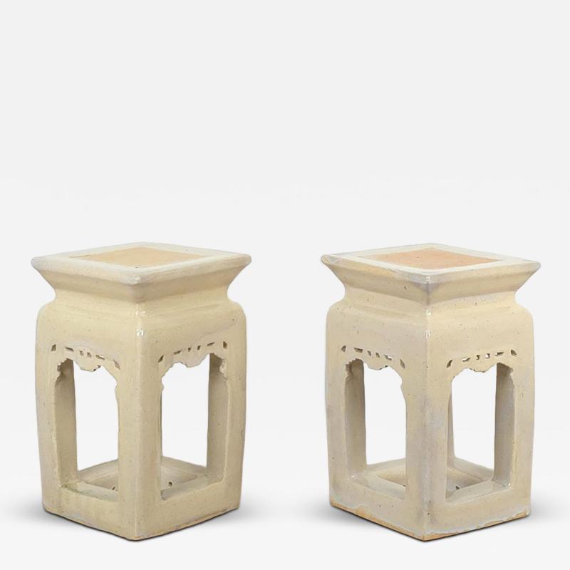 Pair of Vintage Cream Glazed Chinese Pottery Garden Seats circa 1980