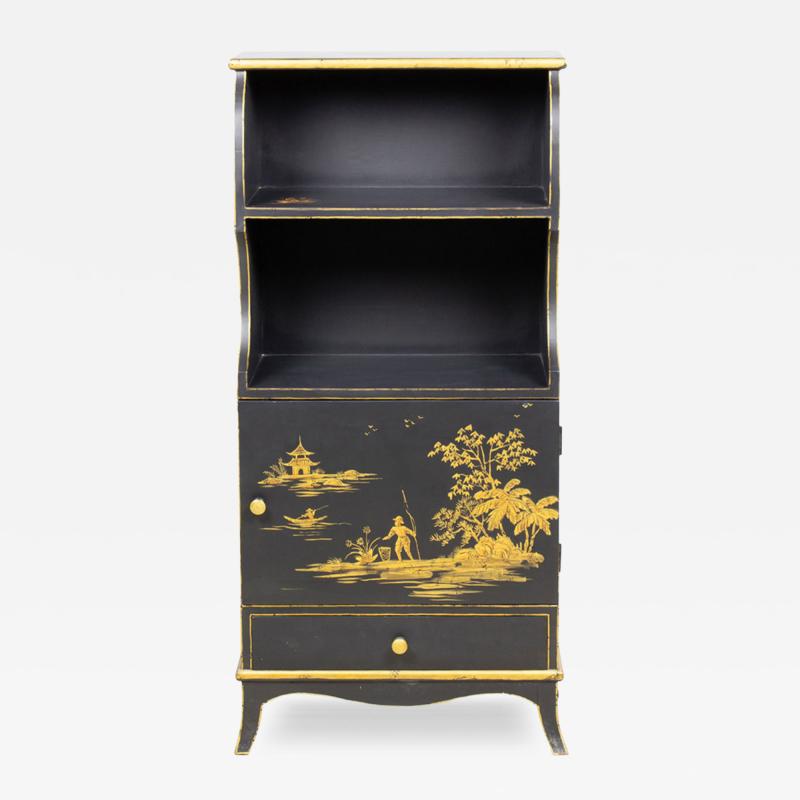 Pair of Vintage English Chinoiserie Gold and Black Painted Small Bookcases