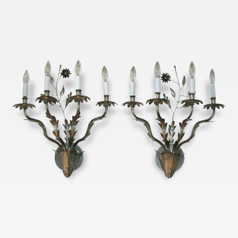 Pair of Vintage French Hand Hammered Flower Design Wall Lights