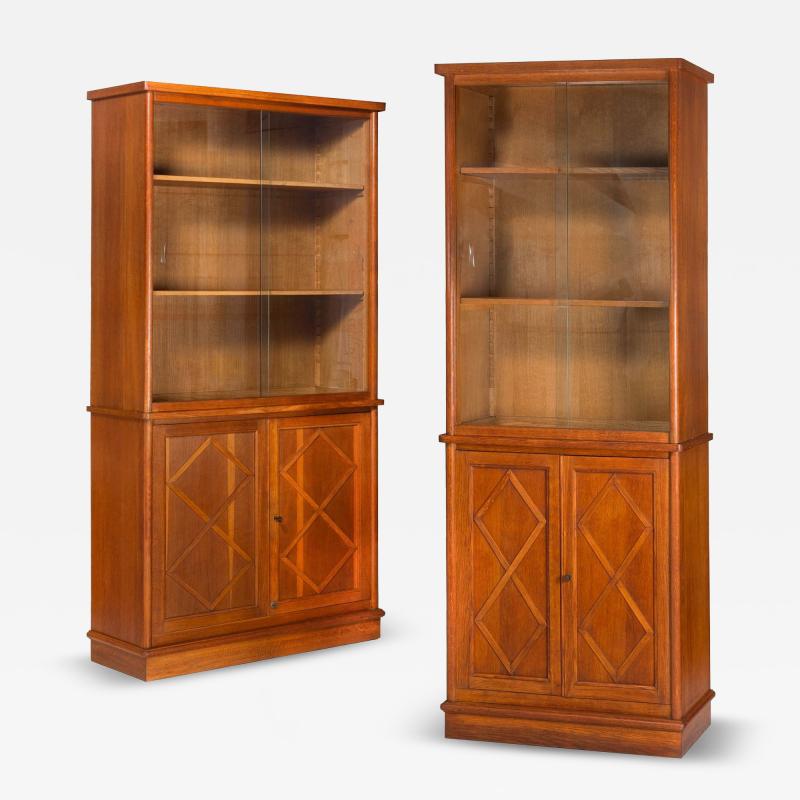 Pair of Vintage French Moderne Brushed Oak Bookcases Display Cabinets