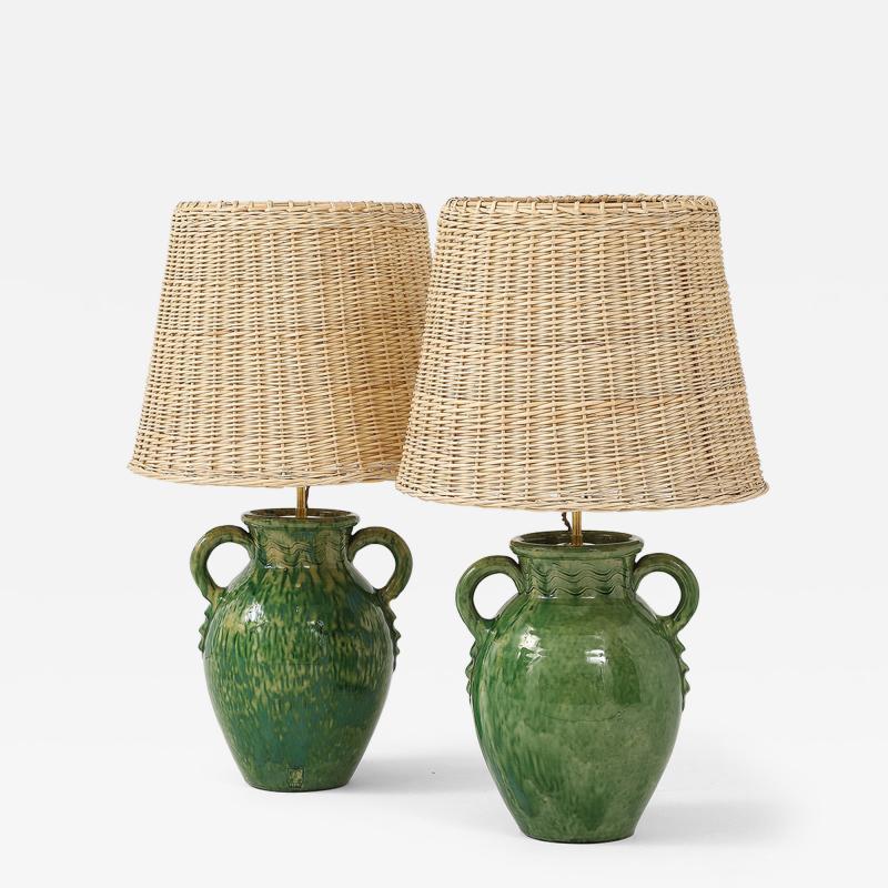 Pair of Vintage Green Ceramic Lamps with Handmade Wicker Shades France