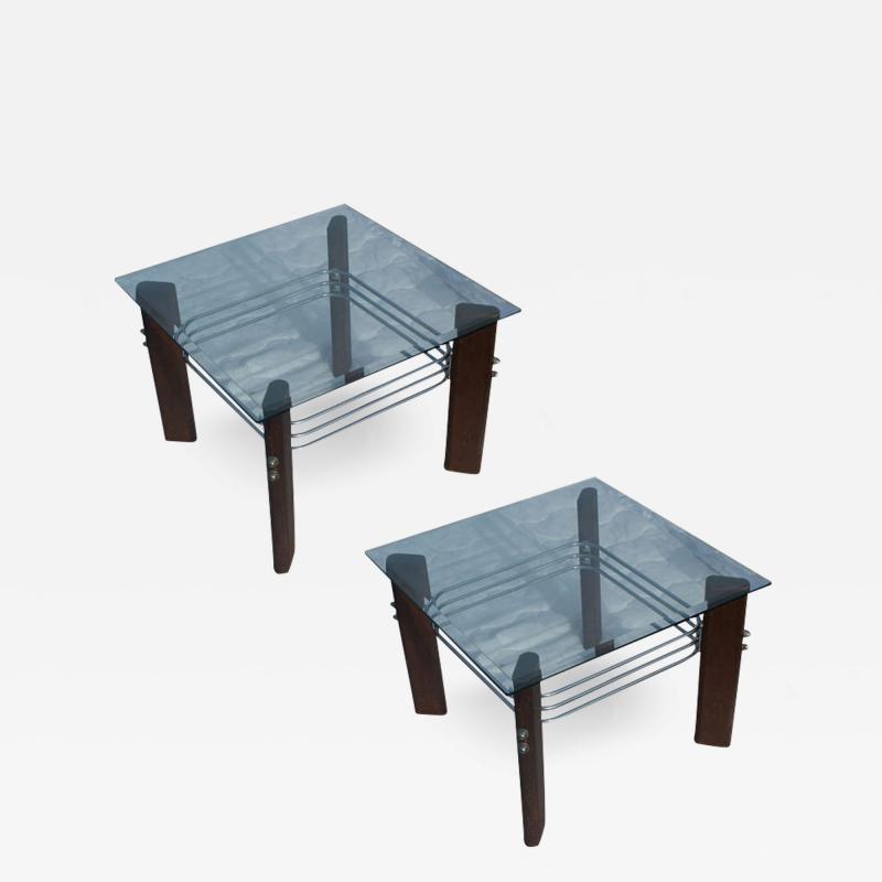 Pair of Vintage Heinz Meier for Landes Glass Wood Chrome Side End