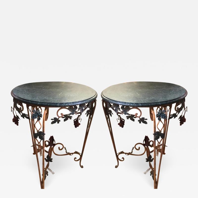Pair of Vintage Iron Tole Marble Tables W Grape Vines