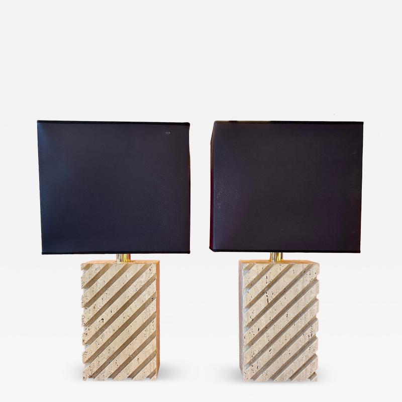 Pair of Vintage Italian Channel Carved Travertine Table Lamps