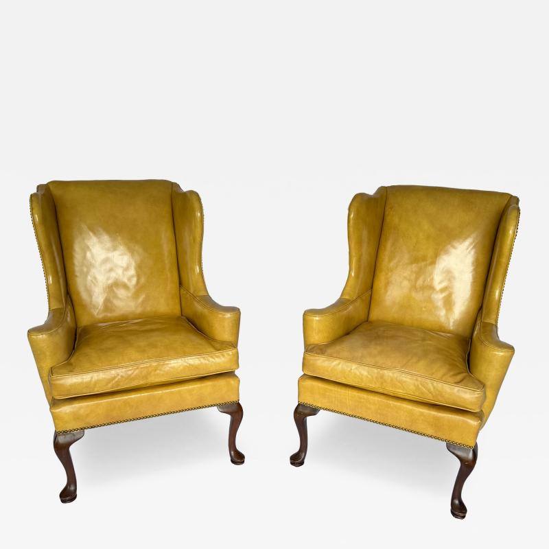 Pair of Vintage Leather Queen Anne Style Wingback Chairs