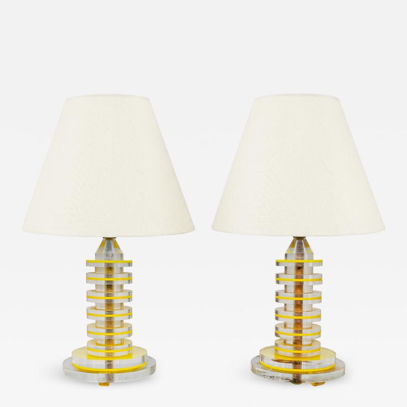 Pair of Vintage Retro Modern Yellow and Clear Lucite Table Lamps