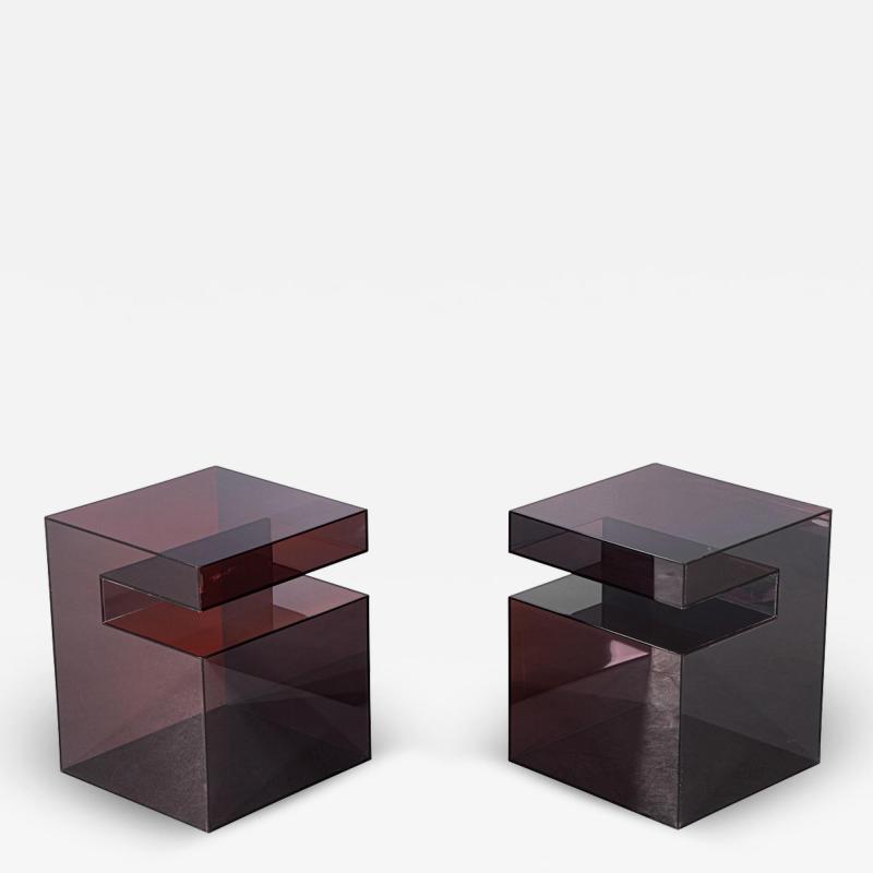 Pair of Vintage Smoked Violet Acrylic Cube Accent Tables